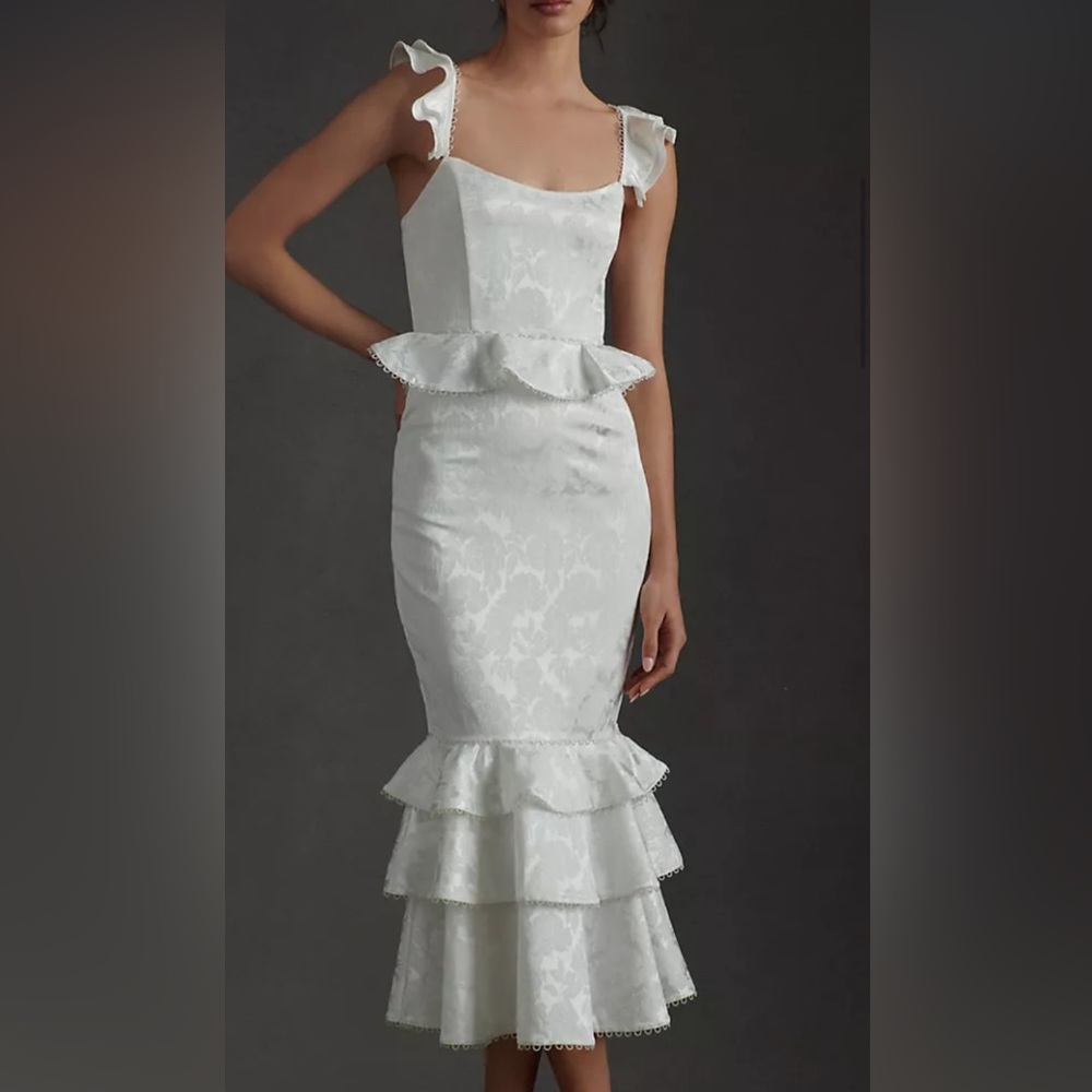 V Chapman Violet Corset Ruffled Tiered Hem Midi Dress